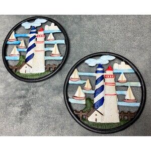 Vintage Lighthouse Sailboat Cast Iron Round Trivet Pot Holder Set